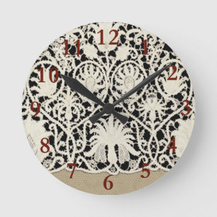 Horloge Ronde Mariage Antique Dentelle Lin Blanc Classique Joli