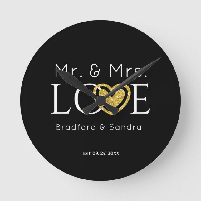 Horloge Ronde Mariage Black Gold Heart Nom du script Mr et Mrs. (Recto)