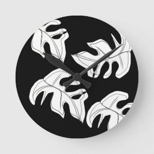 Horloge Ronde Mariage botanique Monstera noir blanc
