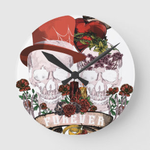 Horloge Ronde Mariage d'amour du crâne Skeleton Couple
