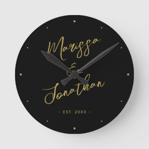 Horloge Ronde Mariage de script lettres d'or noir moderne