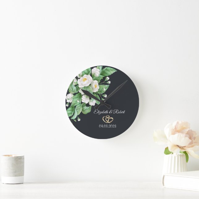 Horloge Ronde Mariage Fleurs Blanches (Maison)