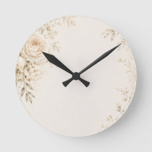 Horloge Ronde Mariage Neutre avec Fleurs Raffinées