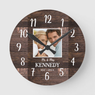 Horloge Ronde Mariage Rustique Bois Anniversaire Couple Photo