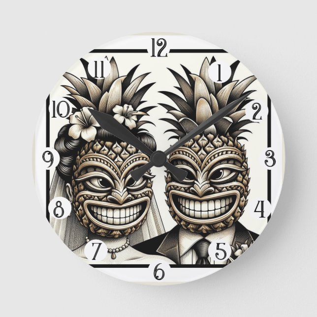 Horloge Ronde Marie et mari tête de tiki à l'ananas aloha mariag (Recto)