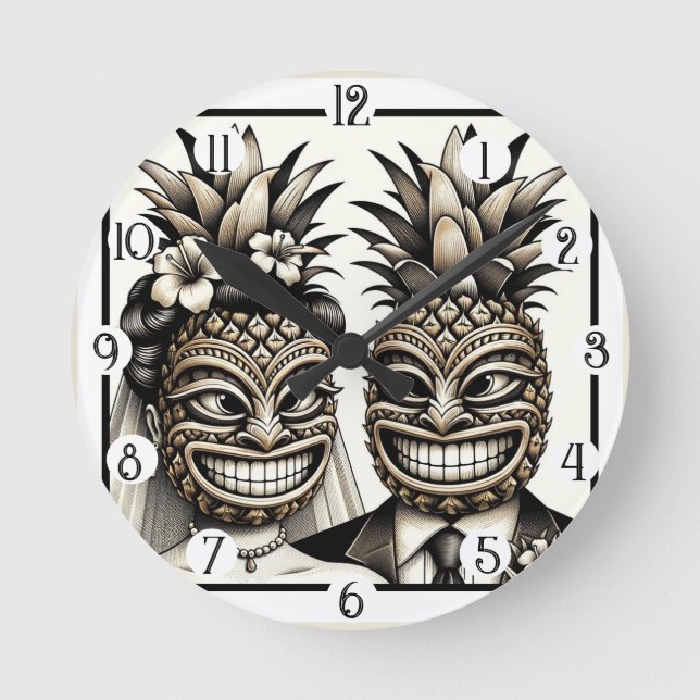 Horloge Ronde Mariée et marié Tête de Tiki Ananas Aloha Mariage  (Recto)