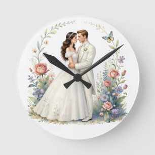 Horloge Ronde Mariée Romantique Époux Floral Élégant Couple de M
