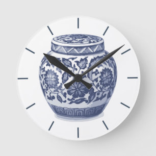 Horloge Ronde Marine bleu et blanc Ginger Jar Chinoiserie Design
