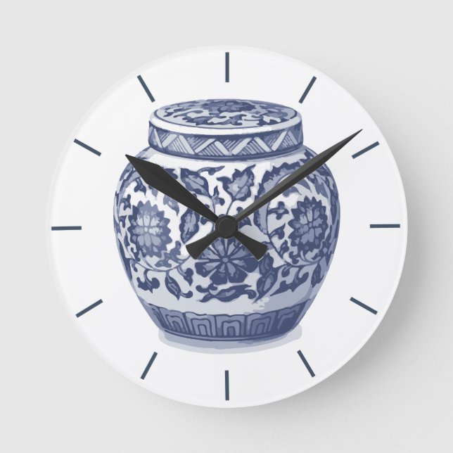 Horloge Ronde Marine bleu et blanc Ginger Jar Chinoiserie Design (Recto)