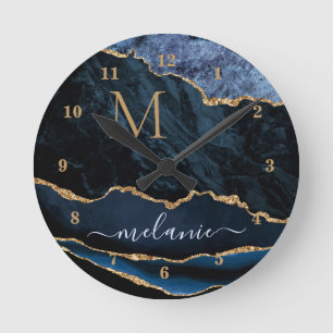 Horloge Ronde Marine Blue Gold Marbre Votre Lettre Nom Mur Horlo