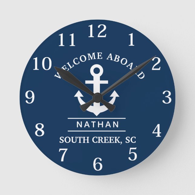 Horloge Ronde Marine Blue Welcome à bord Nom personnalisé (Recto)