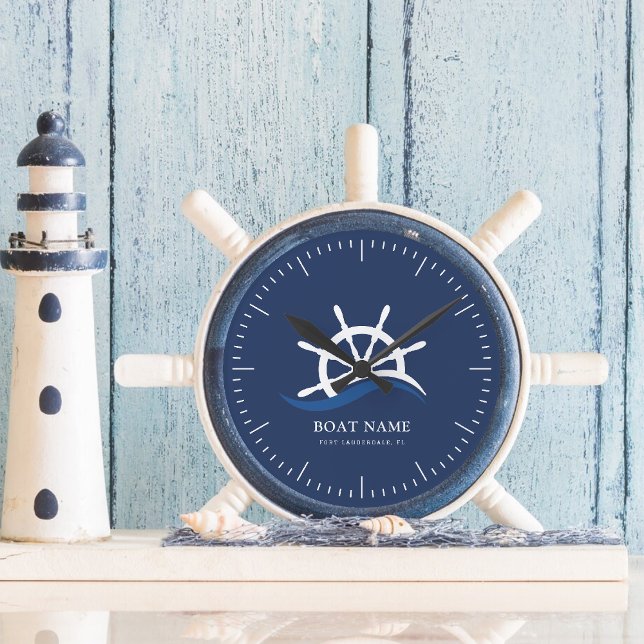 Horloge Ronde Marine Nautique Blue Wave Capitaine de vaisseau He (Nautical Blue Wave Navy Captain Ship Helm Boat Round Clock)
