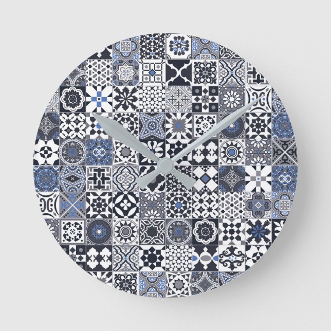 Horloge Ronde Marocain en tuiles noir,bleu,gris (Recto)