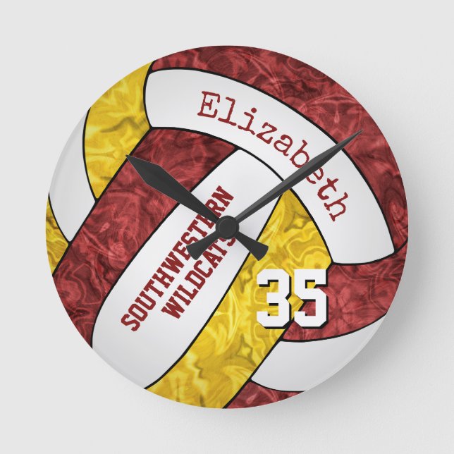 Horloge Ronde maroon or personnalisé girly salle de volley-ball  (Recto)