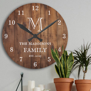 Horloge Ronde Marron Bois Rustique Monogramme et Nom de Famille