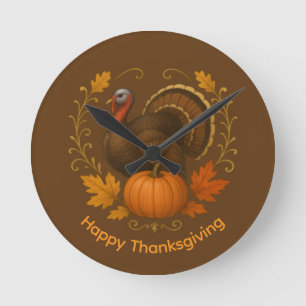 Horloge ronde marron - Joyeux Thanksgiving