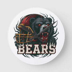Horloge Ronde Mascotte d'ours de football en colère Casque rouge