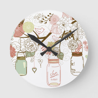 Horloge Ronde Mason Jars et jolies fleurs