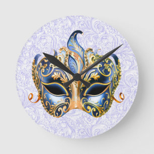 Horloge Ronde Masque avec Motifs ornés d'or et de bleu