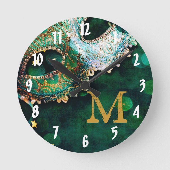 Horloge Ronde Masquerade costum monogram Initial Wall Clock (Recto)
