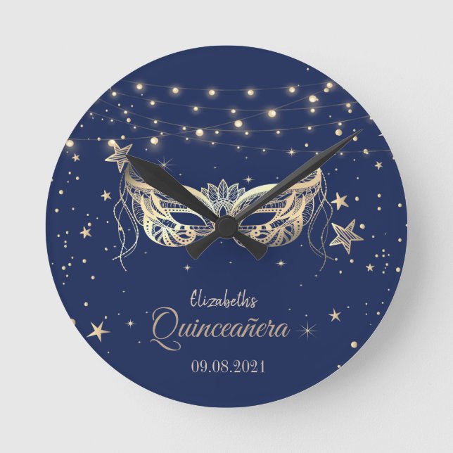 Horloge Ronde Masquerade, Navy Blue Stars  Quinceañera    (Recto)