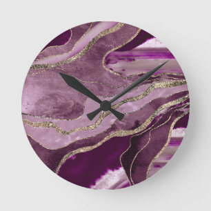 Horloge Ronde Mauve Pink Marble Agate Gold Glitter Glam #1 