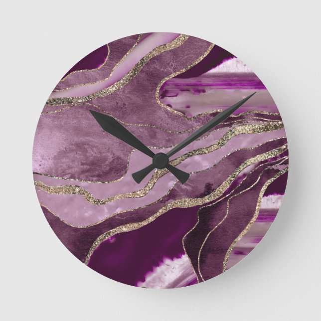 Horloge Ronde Mauve Pink Marble Agate Gold Glitter Glam #1  (Recto)