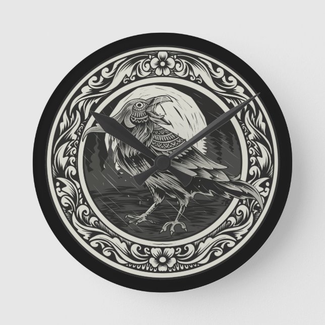 Horloge Ronde Médaillon Raven Cartographie Art Oiseau Nature (Recto)