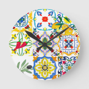 Horloge Ronde Mediterranean tiles,olives,chilli peppers,lemons 