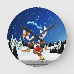 Horloge Ronde Mème de Noël drôle de renne qui regarde par-dessus