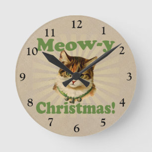 Horloge Ronde Meow-y Christmas, Cute Holiday Cat Animal