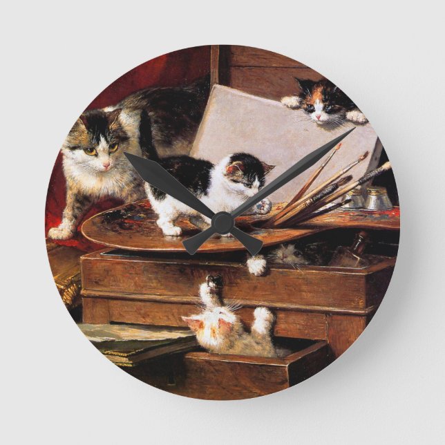 Horloge Ronde Mère Chat et chatons sur table (Recto)