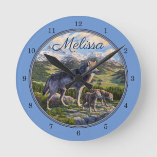 Horloge Ronde Mère Wolf & Pups Mountain River Valley