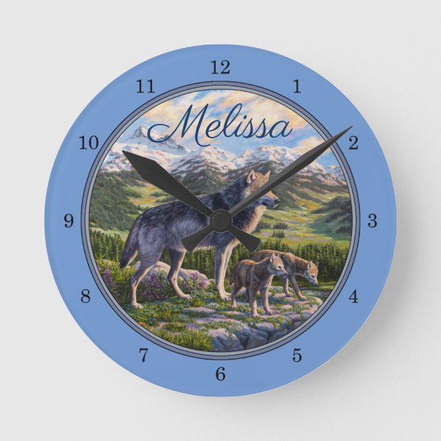 Horloge Ronde Mère Wolf & Pups Mountain River Valley (Recto)