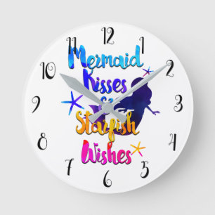 Horloge Ronde Mermaid Kisses & Starfish Wives Aquarelle plage