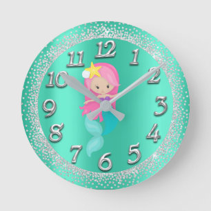 Horloge Ronde Mermaid Silver Aqua Crystals Confetti Glitter Pink