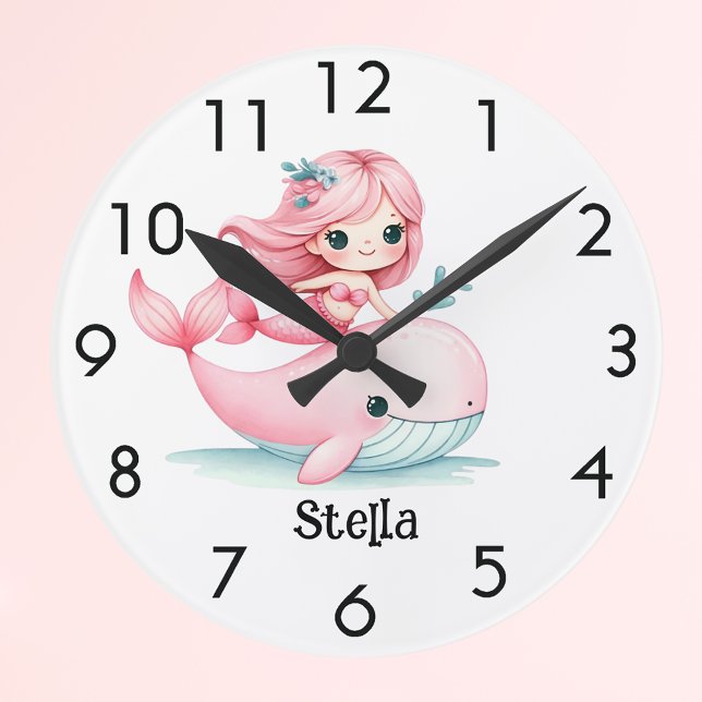 Horloge Ronde Mermaid whale rose nom fille sous l'eau (Créateur téléchargé)