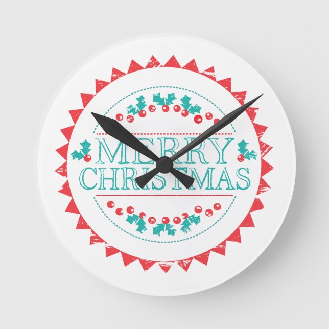 Horloge Ronde Merry Christmas Aqua & Red Chalk Stamp Typografy (Recto)