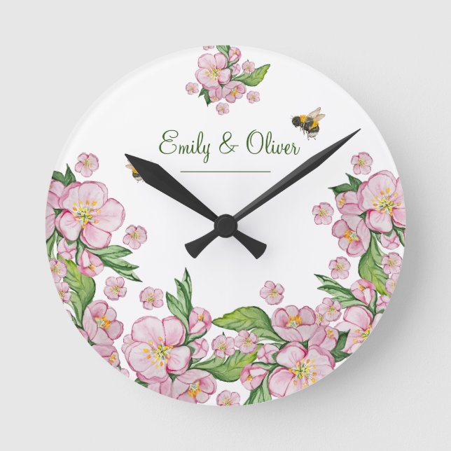 Horloge Ronde Merveilleuse aquarelle fleurs de pommier et е е (Recto)