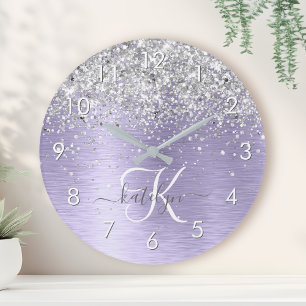 Horloge Ronde Métal brossé violet Parties scintillant d'argent N