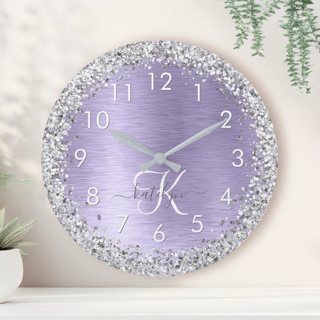 Horloge Ronde Métal brossé violet Parties scintillant d'argent N (Créateur téléchargé)