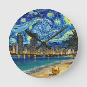 Horloge Ronde Miami Golden Shore Soccer Élégant et Oil Fine Art