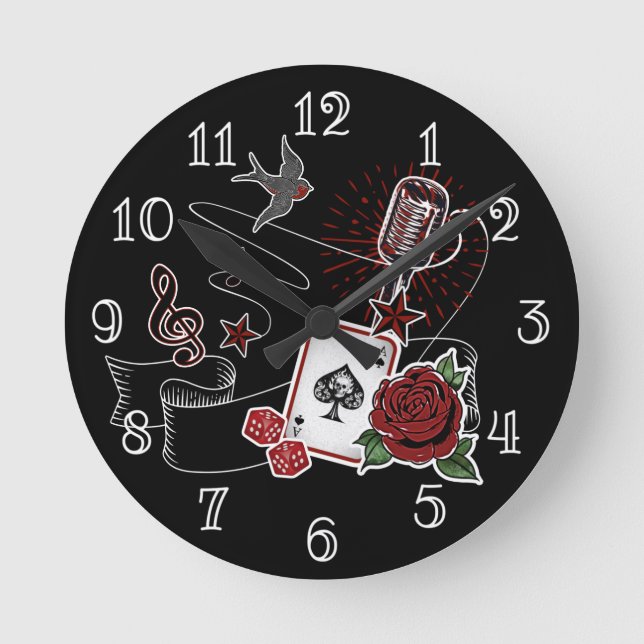 Horloge Ronde Microphone de tatouage Rockabilly Rock & Roll Musi (Recto)