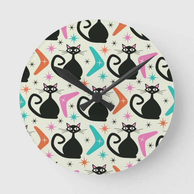 Horloge Ronde Mid Century Black Atomic Cats with Boomerangs  (Recto)