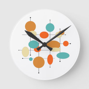 Horloge Ronde Mid Century Modern Retro Orange Turquoise Circles