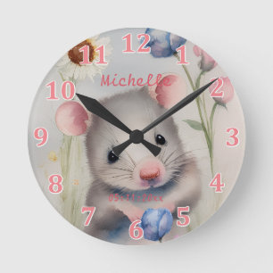 Horloge Ronde Mignon bébé souris pastel aquarelle fleurs de prin