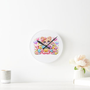 Horloge Ronde Mignon Kawaii Merci Beaucoup Ours en Peluche Paste