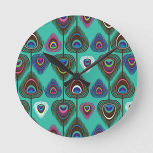 Horloge Ronde mignon motif en plumes de paon