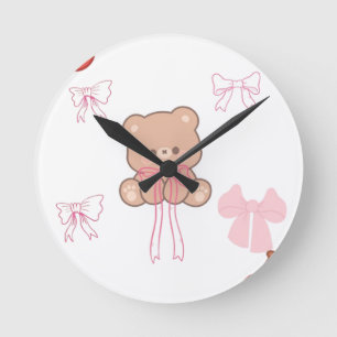 Horloge Ronde Mignon Ours en Peluche Pastel Ruban Rose Rêveur Es