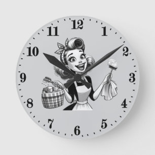 Horloge Ronde Mignonne femme de nettoyage vintage